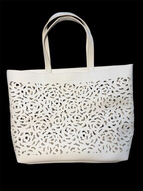 Oscar de la Renta Laser Cut Floral White Open Tote Bag Large